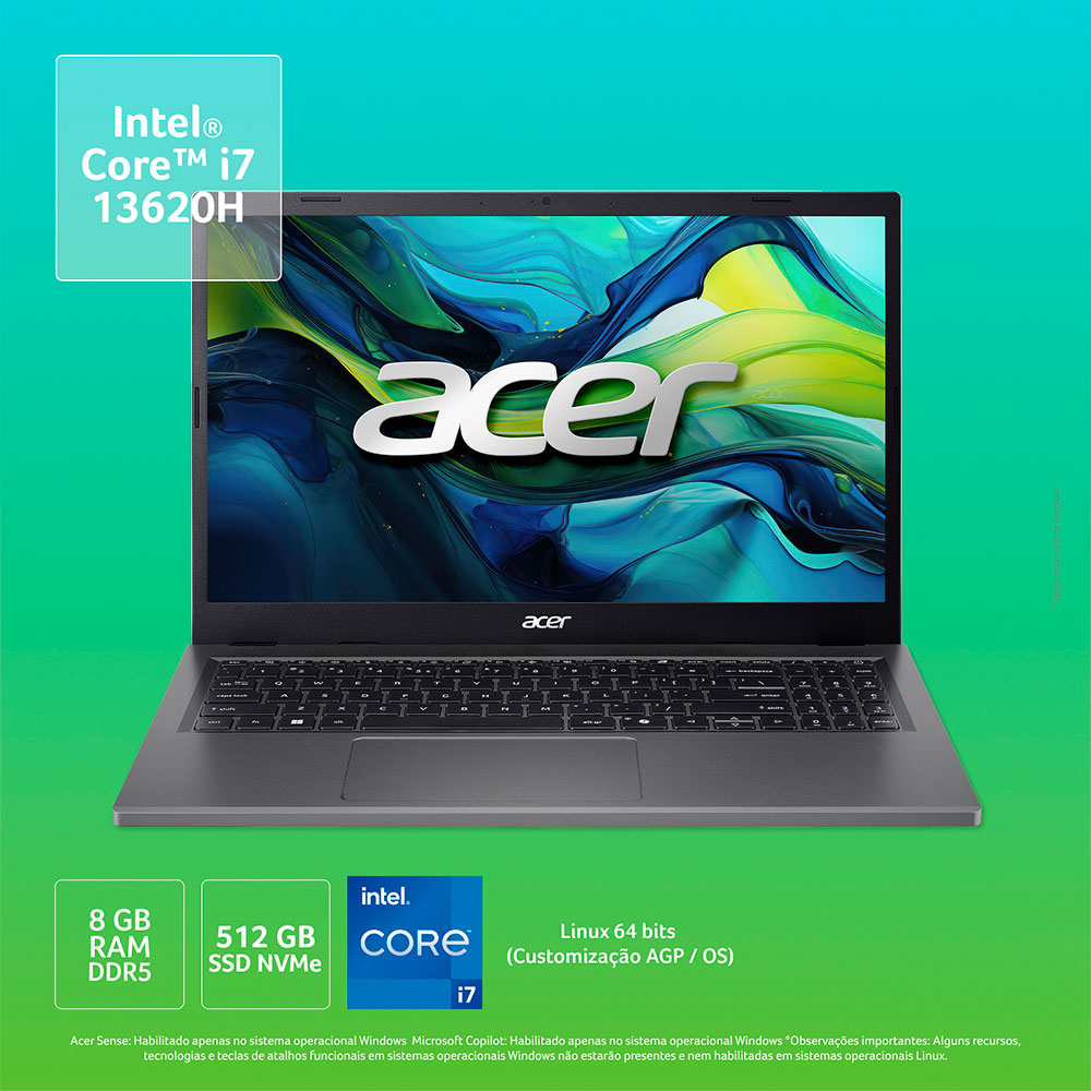 Imagem de NOTEBOOK ACER ASPIRE GO 15 15,6" FHD AG15-71P-72WL/ I7-13620H/ 8GB/ 512GB/ LINUX